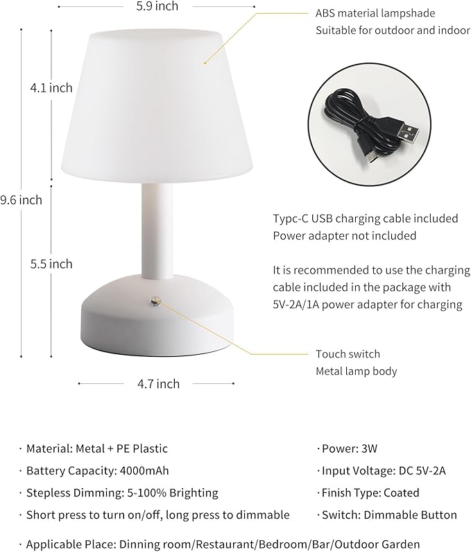 KDG Modern Cordless Small Table Lamps, Outdoor Portable Shower Waterproof LED Dimmable Desk Lamp, 4000mAh Rechargeable Battery Operated Lighting for Restaurant, Bedroom, Bathroom, Night Light (White)