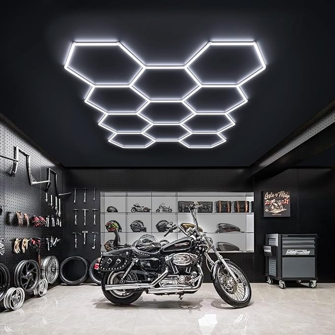 Hexagon Garage Lights, 11 Honeycomb 46packs Tubes 6500K 368W 3.2X2.3m, Honeycomb Garage Lights Ceiling LED Car Detailing Lighting for Gym Basement Warehouse Auto Beauty Shop Hair Salon Office