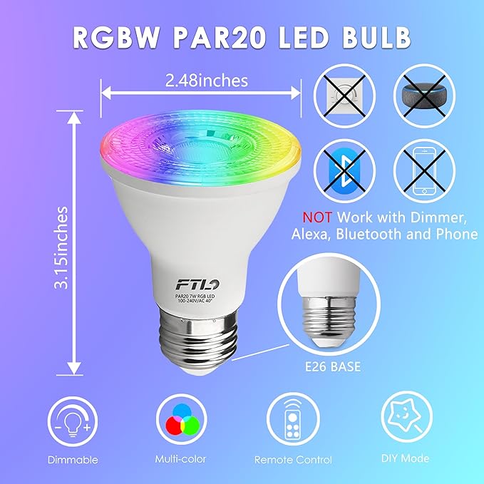 FTL PAR20 LED Bulbs Color Changing Light Bulbs with Remote Control, Dimmable RGB Colored Bulbs 2700K-6000K 7W 60W Equivalent, Timer,30 Colors, Flood Light for Track Recessed Lighting, 6-Pack