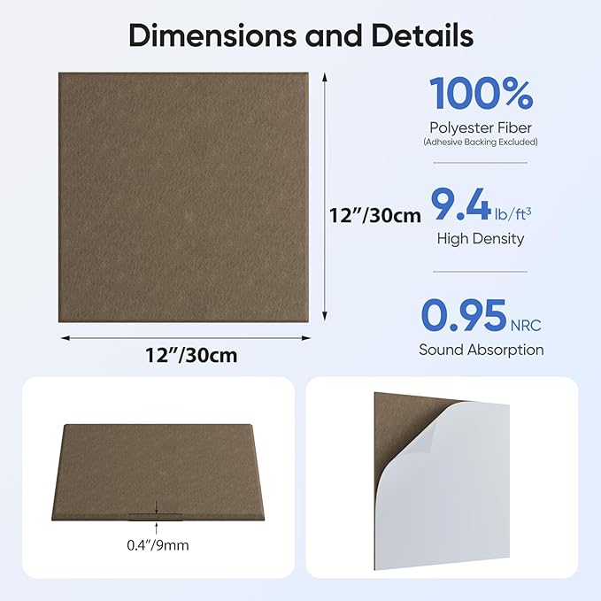 12 Pack 12" X 12" X 0.4" Acoustic Panels for Wall Sound Absorbing, Square Self-Adhesive Sound Panel, High Density Suitable for Multiple Scenarios(Coffee Brown)