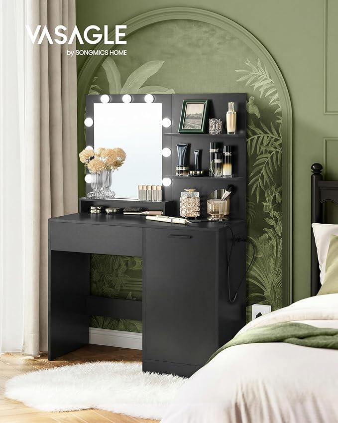 VASAGLE Kailyn Collection - Vanity Desk with Power Outlets and LED Lights, 35.4-Inch Wide Makeup Table with Mirror, Drawer and Cabinet, for Bedroom, Ink Black URDT128C01S