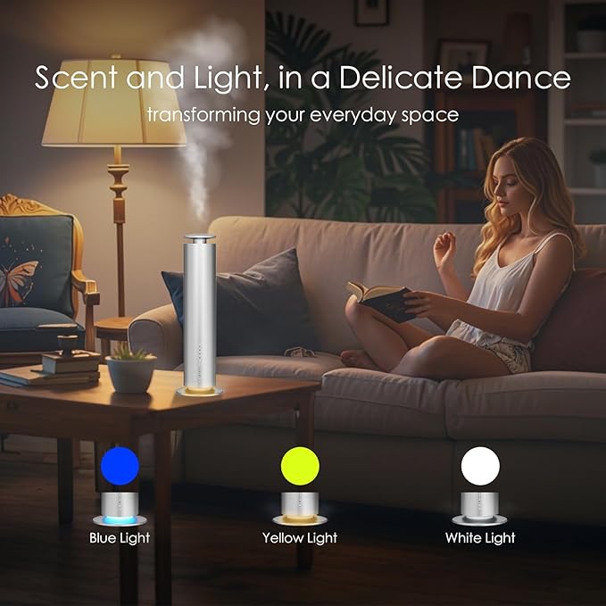 Waterless Essential Oil Diffuser, Long Lasting Aromatherapy Scent Diffuser for Home with Light Mode, 1500 Sq. Ft Coverage Quiet Oil Diffusers for Bedroom Safe for Kids&Pets, Silver