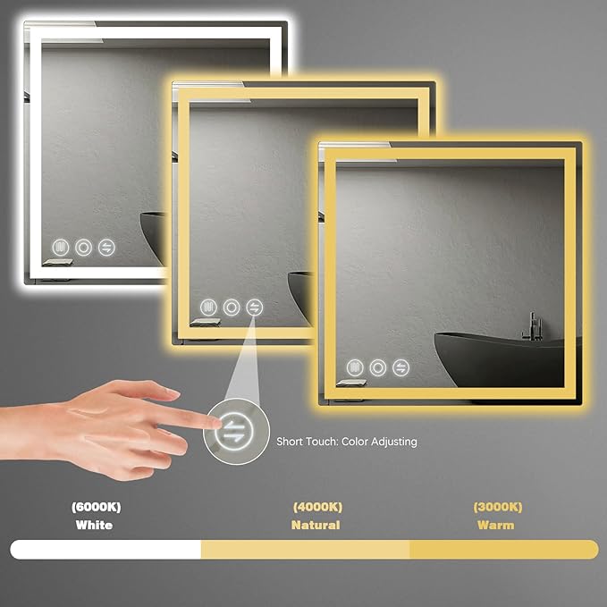 LED Bathroom Mirror 24"x 24" with Frontlit and Backlit, Anti-Fog Bathroom Vanity Mirror,Stepless 3 Colors Temperature & Dimmable Wall Mounted Mirror,Memory Tempered Glass Mirror for Bathroom