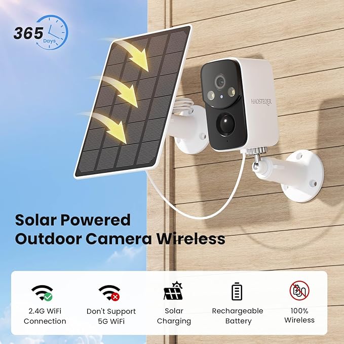 Solar Security Cameras Wireless Outdoor, WiFi Cameras for Home Security, Motion Detection, Instant Phone Notifications, SD/Cloud Storage, 2K Color Night Vision, IP66 Waterproof