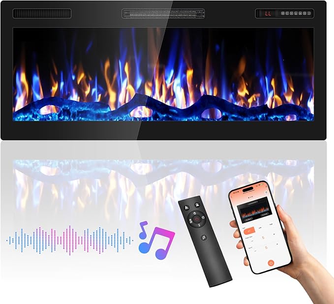 42" Smart WiFi Electric Fireplace with Sound Crackling Narrow Bezel Recessed and Wall Mounted Fireplace Heater with App, Remote Control, Log Flame Option, 750/1500W