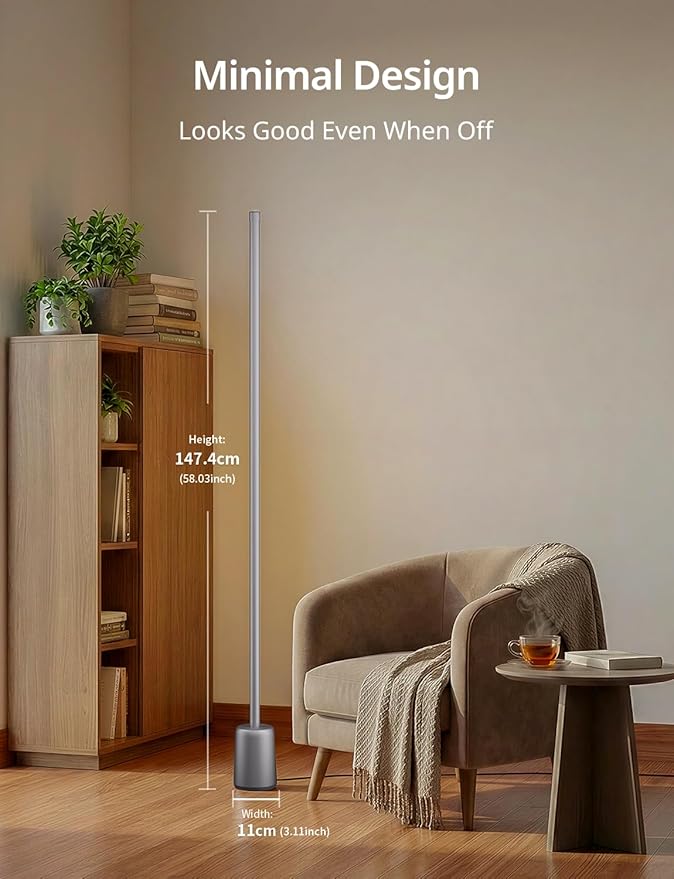 Ailofy Corner Floor Lamp, 1500lm RGBW LED Lamp, Alexa & Google Assistant Compatible, 16 Million DIY Colors, Music Sync, App Control, Modern Smart Floor Lamp for Living Room, Bedroom, Silver Grey