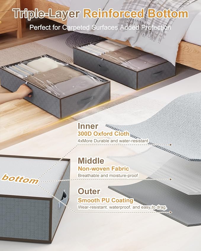 Large Under the Bed Storage,[2 Pack/Upgraded Bottom fabric] Carpet-Friendly Design Under Bed Storage Containers with Sturdy Sidewalls,Foldable under bed organizer for Clothes,Blankets,Sweater