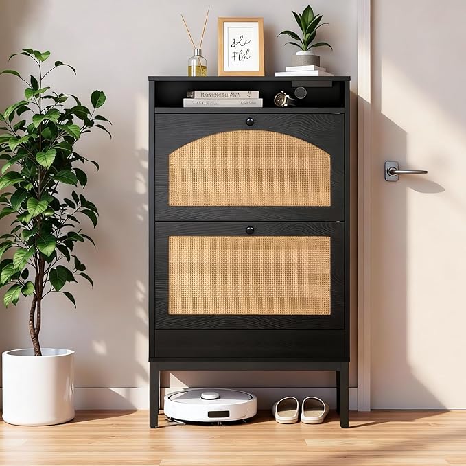 COMHOMA Shoe Cabinet with Charging Station, Flip Down Shoe Storage Organizer with Adjustable Shelves, Hidden Slim Shoe Rack with Anti-Tip Kit for Entryway or Hallway (Black Rattan)