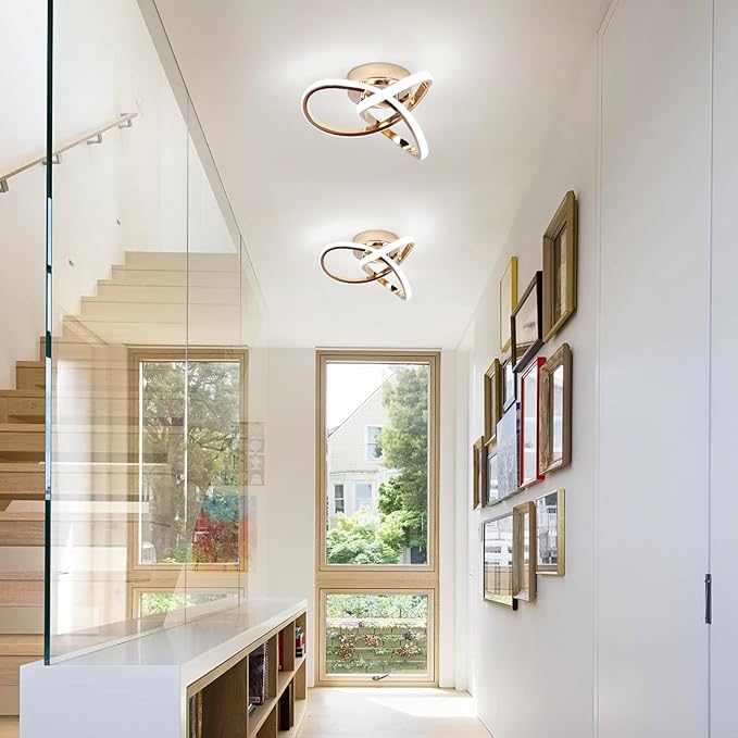 CANEOE Modern LED Ceiling Light, 6000K Gold Led Hallway Ceiling Light Fixtures, Curved Design Semi Flush Mount Ceiling Lights for Hallway Bathroom Kitchen Entryway Stair Ceiling Lamp (No Dimmble)
