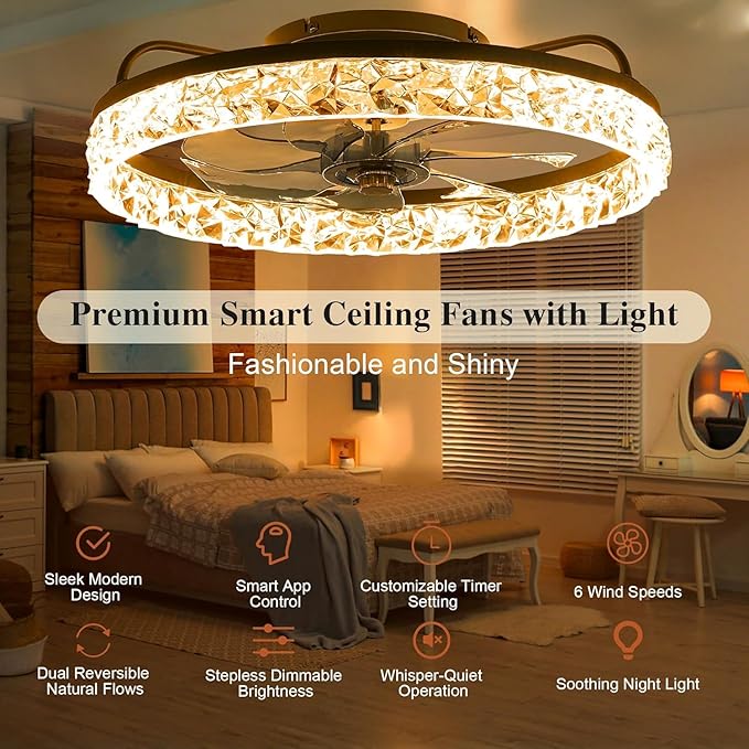 Ceiling Fans with Remote and Lights Fandelier - Modern Low Profile - 20'' Flush Mount Ceiling Fans for Bedroom,6 Speeds and Stepless Color Temperature- Crystal and Black