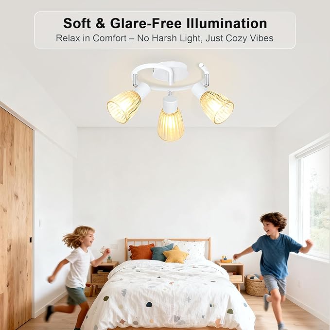 HiBay 3-Light Track Lighting White, Directional Modern Ceiling Light Fixture w/Glass Shades, Flush Mount Ceiling Spotlight Indoor for Kitchen, Bedroom, Living Room, E12 Base, No Bulbs
