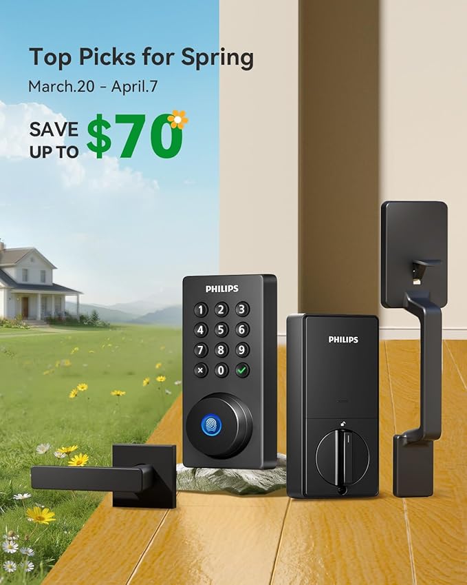 Philips Wi-Fi Smart Door Lock Deadbolt with Handle Set, Keyless Entry Door Lock for Front Door Set, Portable Fingerprint Door Lock with App Control, IP53 Waterproof, Auto Lock, Alexa Voice Control