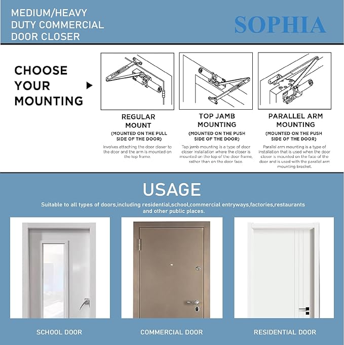 SOPHIA Automatic Door Closer Heavy Duty, Commercial Grade 1, Adjustable Spring Size 1-6 for High Traffic, ADA Compliant & UL Listed, Door Hydraulic Closer, Backcheck & Delayed Action, Silver