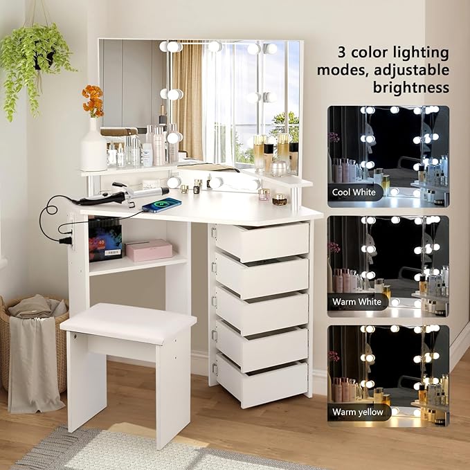 VOWNER Vanity with Lights - Makeup Vanity Desk with Power Outlet, 3 Color Lighting Options Brightness Adjustable, 5 Rotating Drawers, Shelves and Stool for Bedroom, White