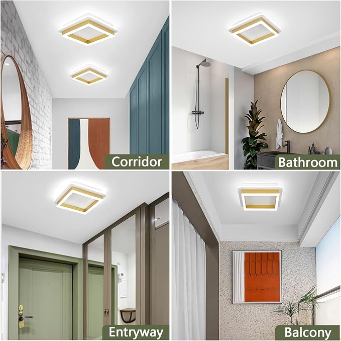 CANEOE 3 Packs Square Flush Mount Ceiling Light, 6000K Black Modern LED Ceiling Light Fixture, Minimalist Hallway Lighting Fixture Ceiling Lamp for Hallway Entryway Bedroom Balcony (Gold)