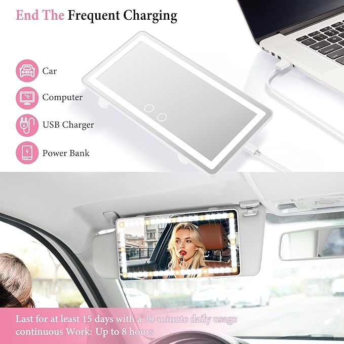 SINGARO Car Sun Visor Vanity Mirror - Rechargeable Makeup Mirror with 60 LEDs, 3 Light Modes & Dimmable Touch Control for Cars, Trucks, SUVs, Car Interior Accessories for Women (White)
