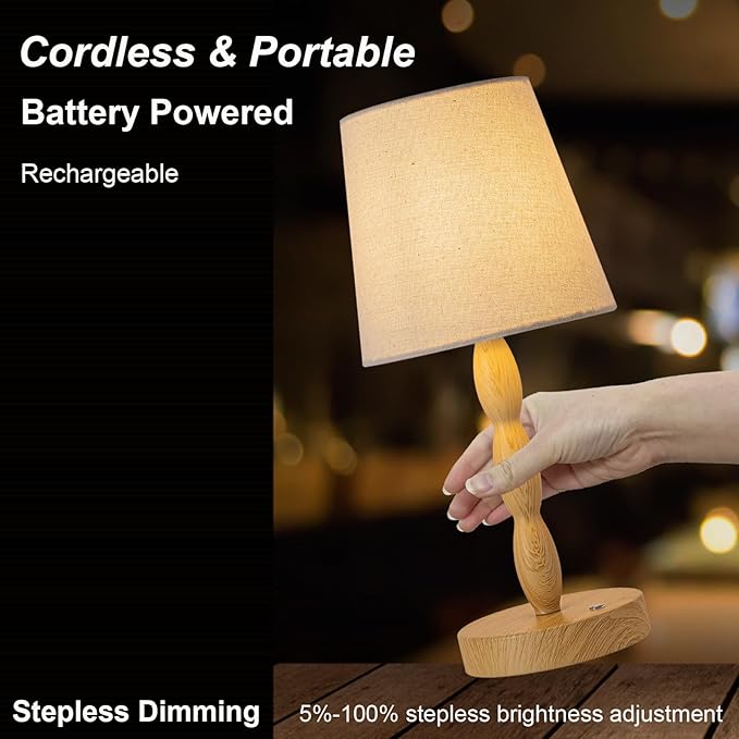 CASTLELIFE Portable Cordless Table Lamp, Touch Desk Lamp Rechargeable Battery Powered, 3-Level Brightness Stepless Dimmable Bedside Night Lamp for Bedroom/Restaurant/Bars, Bulb Included, Wood Grain