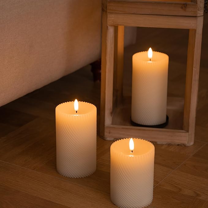 Flickering Flameless Candles with Remote, Real Wax Battery Operated Candles with Timer, Ivory LED Pillar Candles for Wedding/Christmas/Home Decor,Set of 3(Threaded Style)