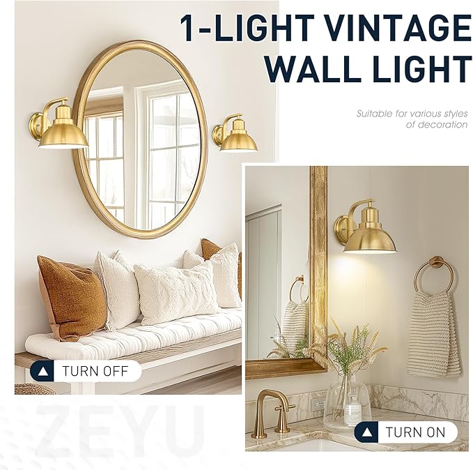 zeyu Vintage Metal Wall Light, Indoor Wall Sconce Lighting for Bedroom Kitchen, Metal Dome Shade in Brushed Gold Finish, ZY24-1W-2PK BG