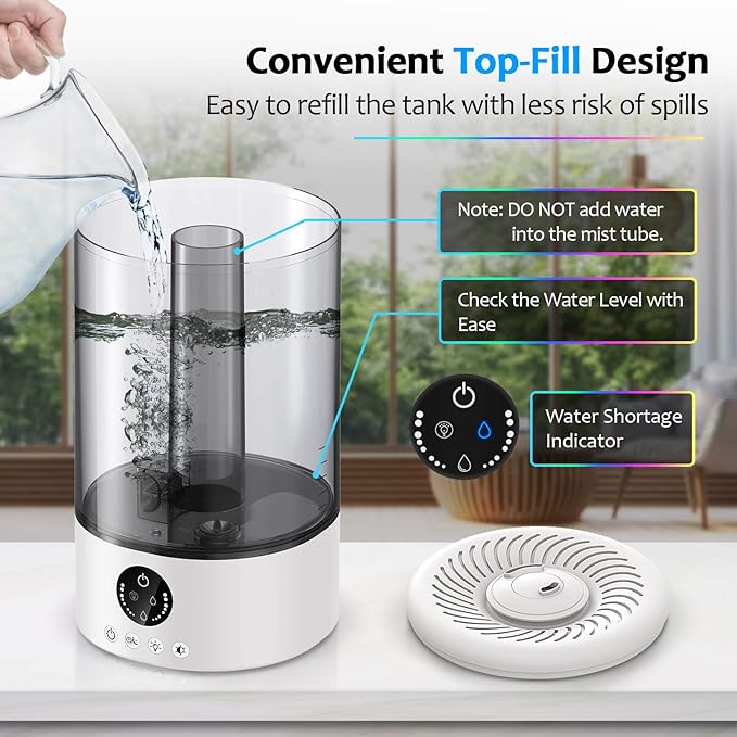 Cool Mist Humidifier, Ultrasonic Humidifiers for Bedroom Baby, 3L Large Humidifier w/Remote Control, 7 Colors Night Light 6 Dimmer Adjustable Mist Levels, Timer, Auto Shut-Off for Large Room, White