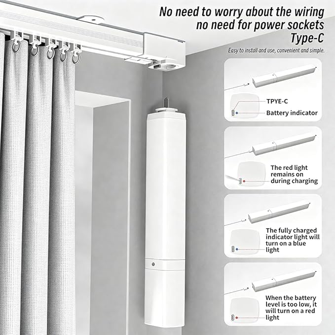 Automatic Curtain Opener, Pre-Assembled Motorized Curtains Track System with Remote, Matter Over Thread Smart Curtains, 2200mAh Rechargeable Battery, App/Voice Control (7 meters (275.6 inches))
