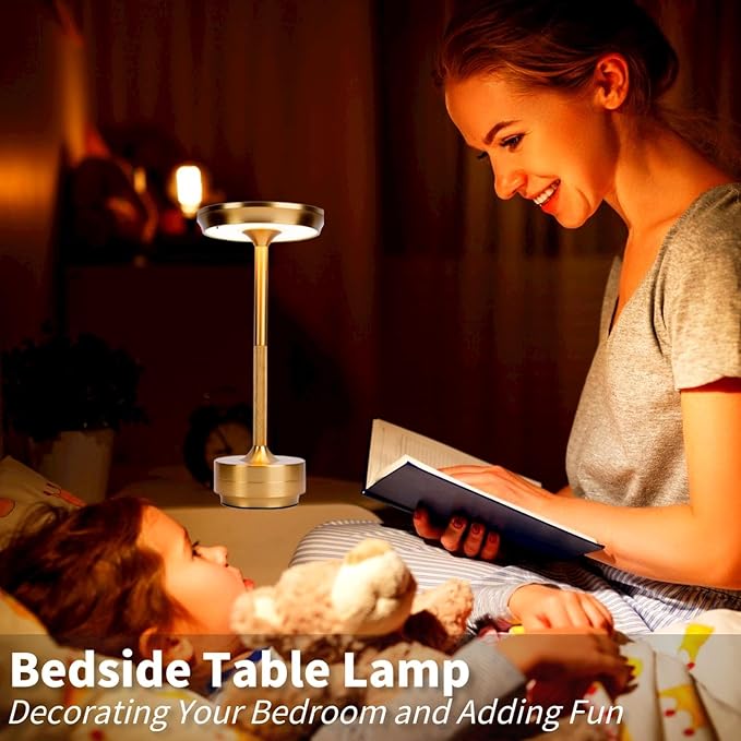 Cordless LED Table Lamp, Rechargeable Touch Control Desk Lamp Battery Operated Nightstand Night Light with Dimmable Brightness for Living Room, Home Office, Restaurant (Gold)