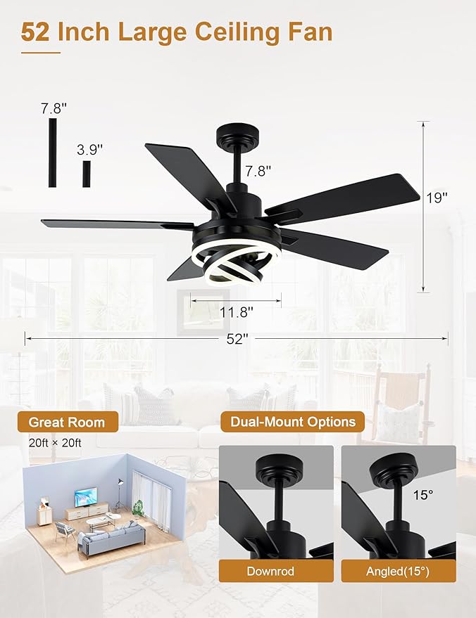 52" Chandelier Fan Black Modern Ceiling Fan with Lights DC Motor Reversible Indoor Ceiling Fan for Bedroom, Living Room