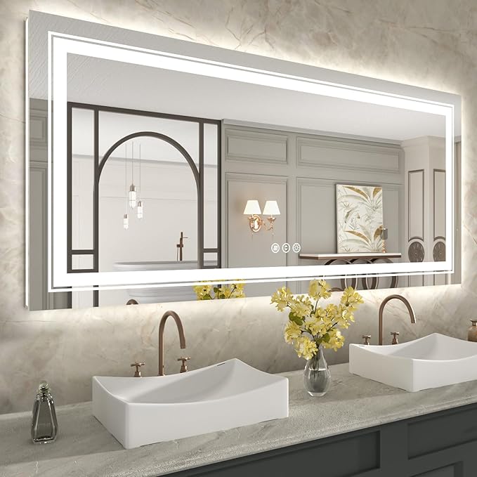 WTTY LED Bathroom Mirror 72''x40'' with Front and Backlight, Large Dimmable LED Vanity Wall Mirrors, Double LED Bathroom Mirror with Anti-Fog, 3 Colors, Memory Function, Shatter-Proof, ETL Listed