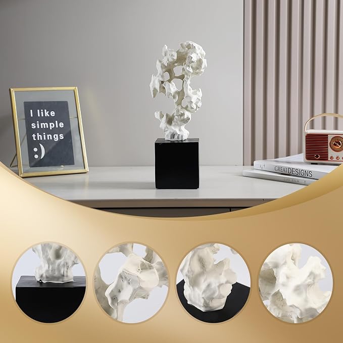 Modern Abstract Sculpture - 11.8" Stone Home Decor, Resin White and Black Art Statues for Living Room, Coffee Table Centerpiece, TV Stand Shelf Bookshelf Decorations