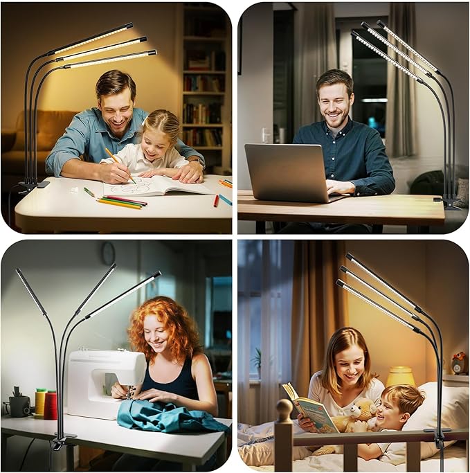 ShineTech LED Desk Lamp with Clamp, 3-Head Adjustable Gooseneck Task Lamps, Eye-Caring Stepless Dimming, 4 Color Modes, Memory & Auto-Off Timer, Clip On Desk Light for Home Office, Study, Reading