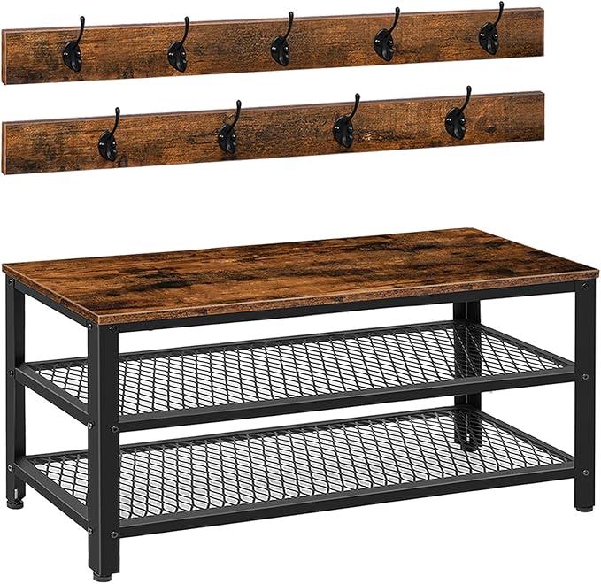 HOOBRO Hall Tree Entryway Storage Bench, Coat Rack Shoe Bench, Shoe Rack Organizer with Coat Hooks, 3-in-1 Design, Wooden Furniture with Metal Frame, Rustic Brown and Black BF171MT01