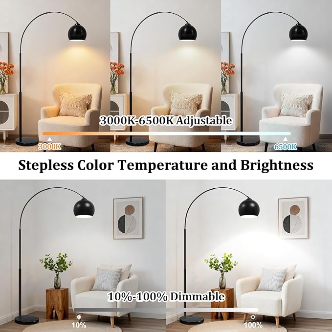 77” Arc Floor Lamp for Living Room, Upgraded Black Standing Lamp with Remote, 3 Color Temperatures&Brightness Adjustable, Arched Floor lamp for Bedroom, Office, Mid Century Modern Decor, Bulb Included