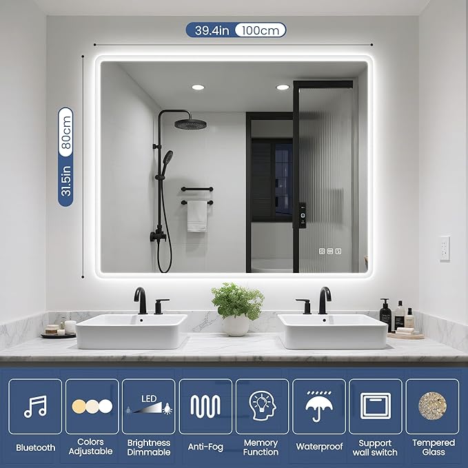 STARLEAD 40"x32" LED Bathroom Mirror with Bluetooth Speaker, 3 Color Temperature, Stepless Dimming, Anti-Fog, Touch Control, Wall-Mounted Vanity Mirror, Vertical or Horizontal