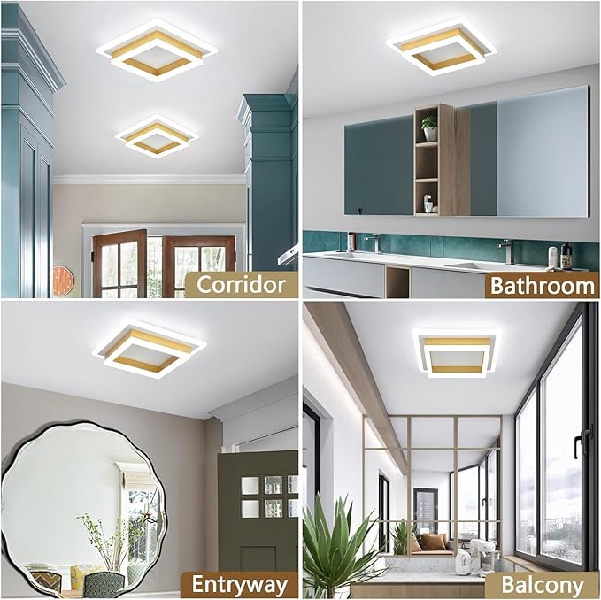 32W Flush Mount Modern LED Ceiling Lights, Gold Small Hallway Ceiling Light, Cool White 6000K Acrylic LED Ceiling Light Fixtures, Close to Ceiling Lights for Bedroom Dining Room Kitchen Bathroom