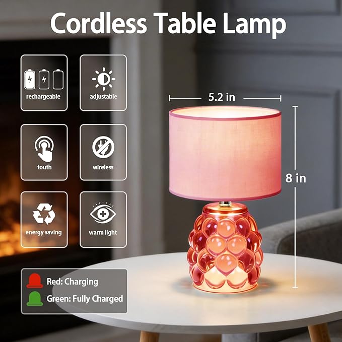 MJ PREMIER Pink Rechargeable Table Lamp Battery Powered Lamp Dimmable Touch Control 3 Color Night Light, Wireless Portable Desk Lamp with USB for Girls Bedroom, Nightstand Kids Room, Home Decor