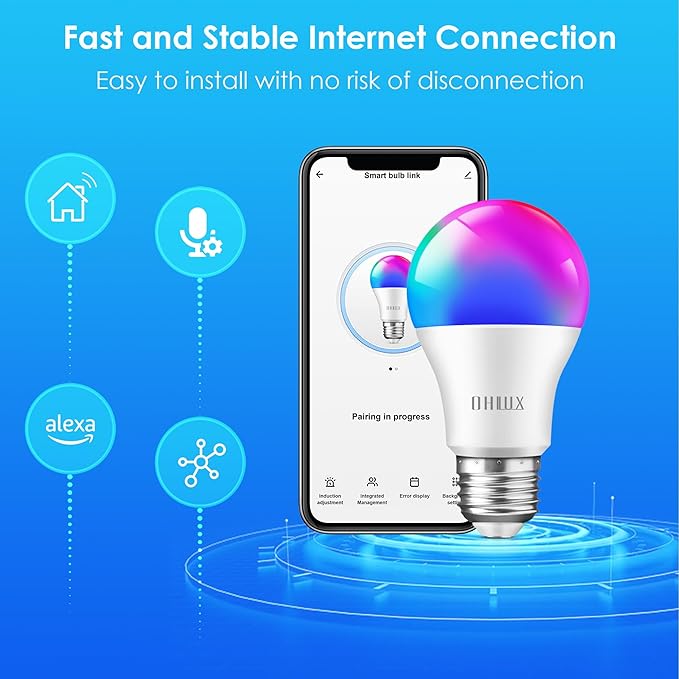 OHLUX Smart WiFi & Bluetooth Alexa Light Bulbs, 10W (100W Equivalent) Color Changing Light Bulbs with Music Sync,Compatible with Alexa Google Home Siri, A19 E26 900LM 4Pack