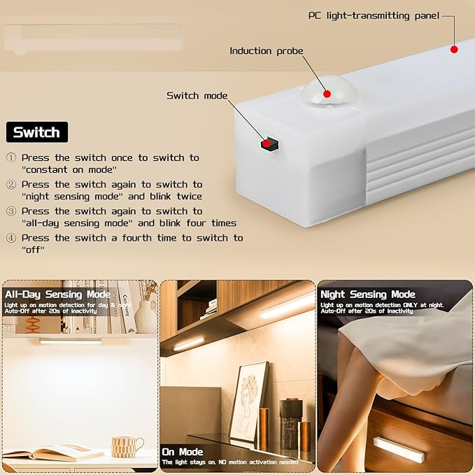 HomeBeyond Under Cabinet Lighting Wireless, 4-Pack Dimmable Motion Sensor LED Lights with Warm Color, Rechargeable Battery Operated Magnetic Lights for Kitchen, Closet, and Home Use