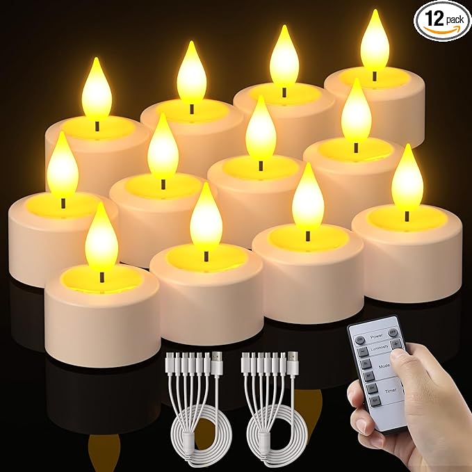 PChero 12 Pack Rechargeable Flameless Candles with Remote Timer, Battery Operated Tea Lights Candles,LED Flickering Tealights Candles for Home Wedding Halloween Fall Christmas Decor