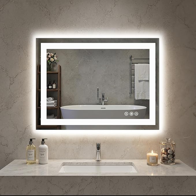 Sweetcrispy 28"x36" Smart Anti-Fog LED Bathroom Mirror with Lights and Front Light & Backlit, 3 Color Temperatures, Dimmable, Memory Function, Rectangle Modern Vanity Mirror