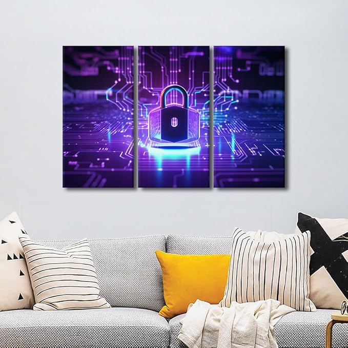 TUMOVO 3 Pieces Canvas Wall Art for Home Office Decoration, Modern Artwork Padlock on Circuit Board Neon Posters and Prints, Cyber Security Concept Artwork Ready to Hang, 42" Wx28 H
