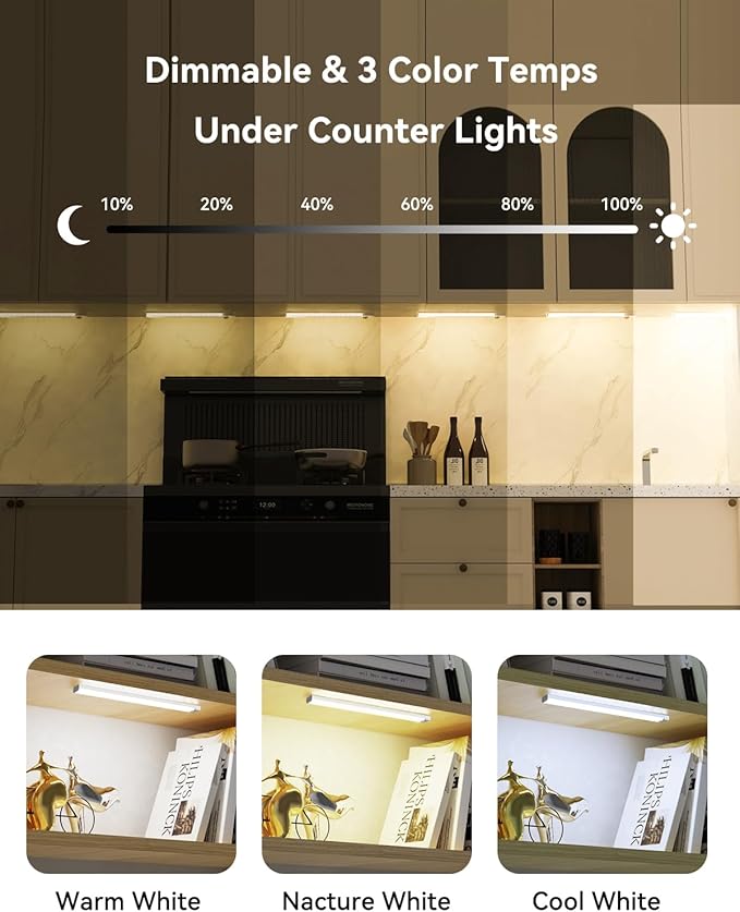 12 Packs Under Cabinet Lighting with 2 Charging Station 8 Inches, Rechargeable Motion Sensor Light Indoor, 3 Color Dimmable Closet Light, USB Led Stick on Under Counter Lights for Kitchen Shelf
