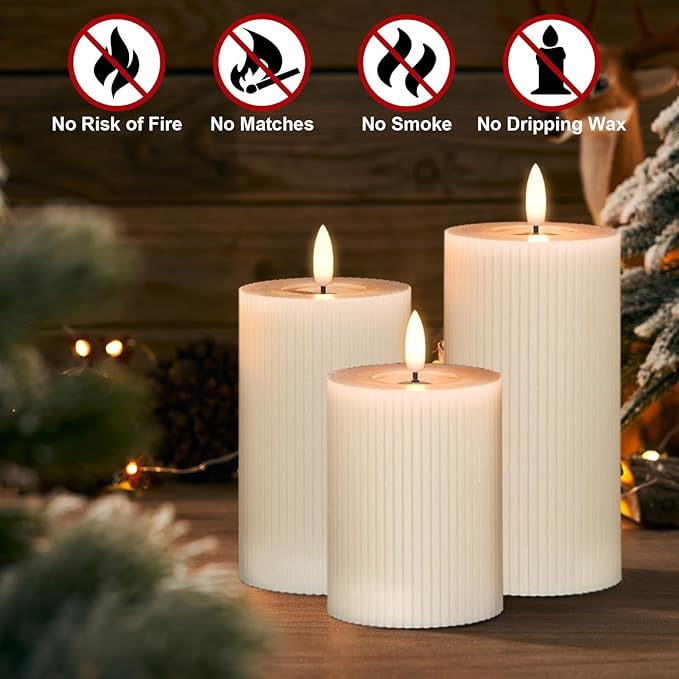 DRomance Battery Operated Flameless Candles with 6 Hour Timer 3 Pack Real Wax Vertical Stripe 3D Wick Flickering LED Pillar Candles Dinner Wedding Christmas Holiday Decor(Beige, 3" D x 5", 6", 7" H)