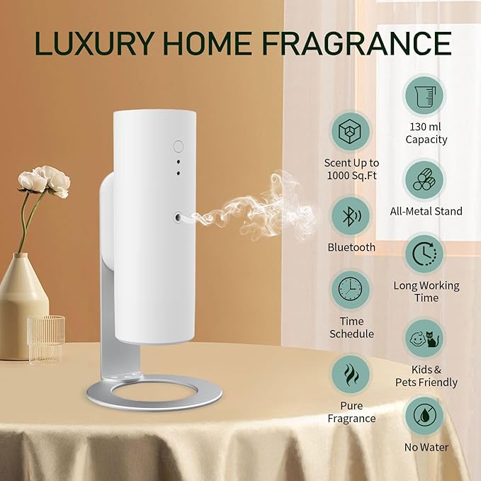Waterless Diffuser for Essential Oils, Smart Aroma Diffuser for Home, 130ml/1000 Sq. Ft Scent Air Machine, Bluetooth Aromatherapy Diffuser for Office, Spa, Bedroom, Bathroom