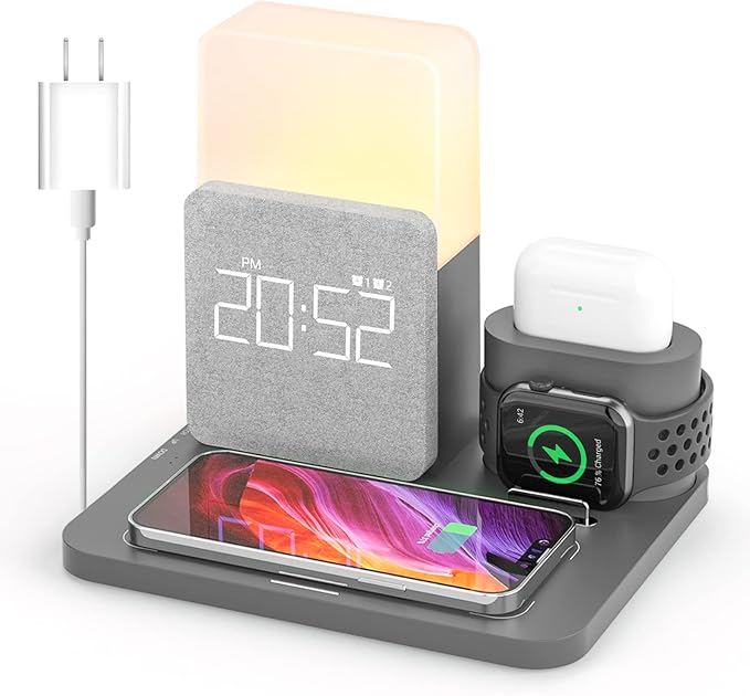 Wireless Charging Station, iPhone 3 in 1 Fast 15W Wireless Charger with Alarm Clock and Night Light, Charging Dock for iPhone 12/13/14/15/16/17 Pro/Pro Max, Samsung, AirPods