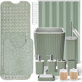 XLHOMO 26PC Bathroom Accessories Set - Gorgeous Bathroom Set, Sage Green Bathroom Accessory Set, Shower Curtain Set with Bathtub Mats for Shower Tub, Trash Can & Soap Dispenser
