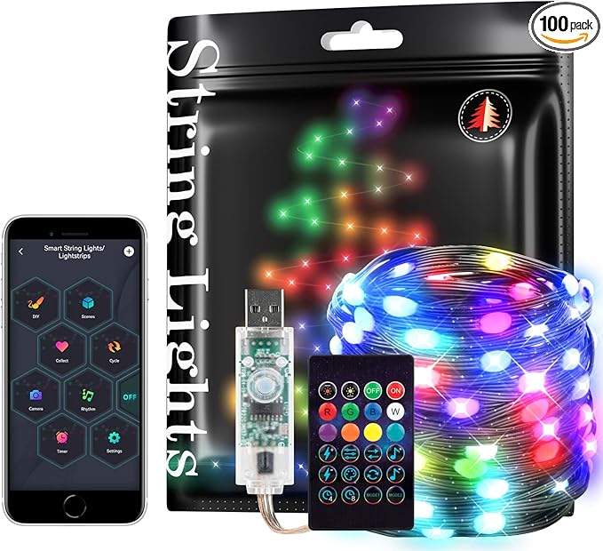 BTF-LIGHTING RGB IC WS2812B USB Twinkle Smart Fairy Light String 32.8FT 100pixel Black Wire Music Bluetooth Mesh APP IR Remote DIY Control Sync Color Chasing IP65 for Christmas Tree Bedroom etc DC5V