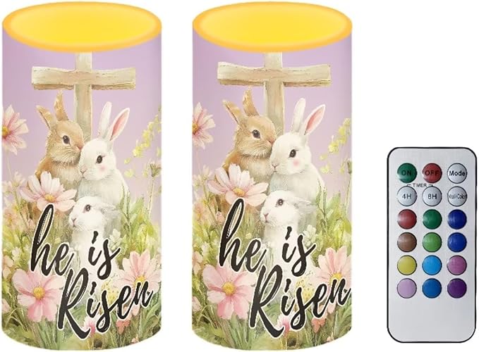 Flameless Candles LED Easter Rabbit Cross Decorative Candles Battery Operated Ornage Flickering Candles with 18-Key Remote Timer Pillar for Home Living Room Party Table Decorations