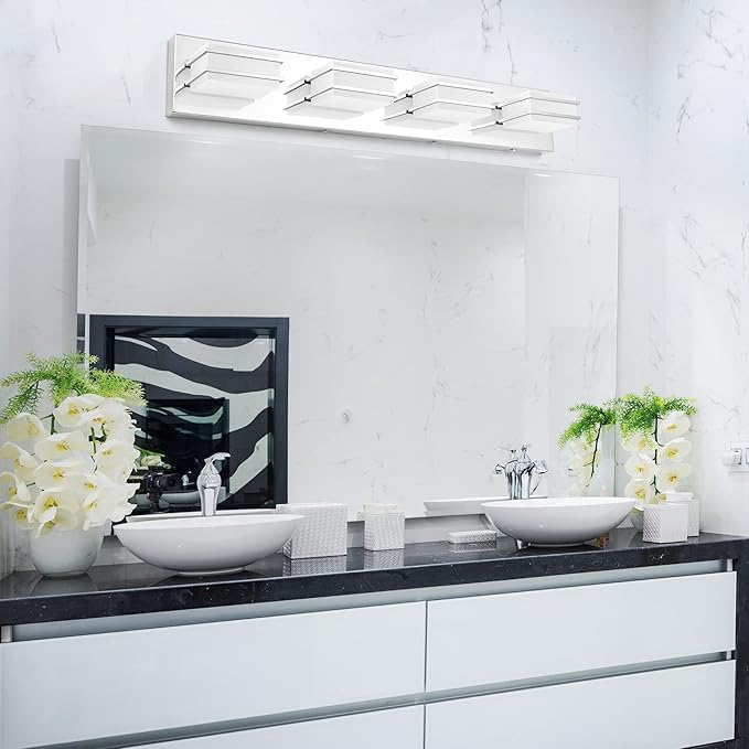 3 Color Temperature Dimmable Vanity Lights for Bathroom, LED Chrome 4 Light Vanity Light Fixtures, Acrylic Stainless Steel Square Shade Bathroom Light Fixtures Over Mirror, ETL Certificated