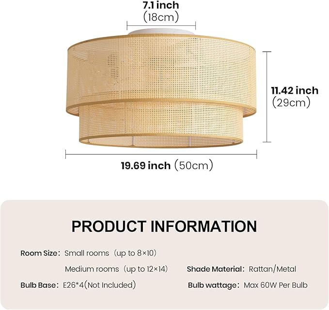 20 Inch Boho Caged Ceiling Fans with Lights Flush Mount, Rattan Ceiling Fan with Light Remote Control with Reversible 6 Speeds for Bedroom, Nursery, Living Room, E26, Base, Indoor