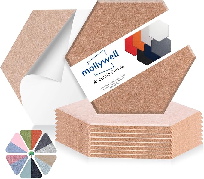 Mollywell Hexagon Acoustic Panels 14x12 - Reduce Echo & Reverb, Noise Blocking Wall Tiles for Home Office & Library, Deep Brown Sound Absorbing Panels
